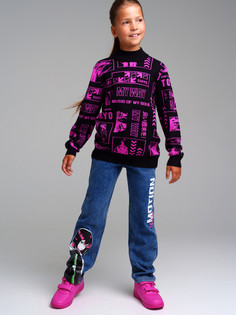 Брюки текстильные джинсовые утепленные флисом для девочек PlayToday, синий, 164