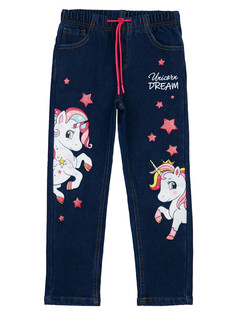 Брюки текстильные джинсовые утепленные флисом для девочек PlayToday, тёмно-синий, 122