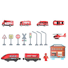 Железная дорога детская Пожарная станция, Поезд с мостом и тоннелем, 66 деталей, красный No Brand