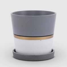 Бетонный горшок с поддоном Композит Лувр серый с белым и золотым 15 см