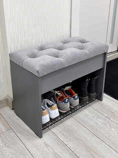 Обувница с сиденьем из велюра Puffsib, базальт/серый велюр, 61х32х48 см