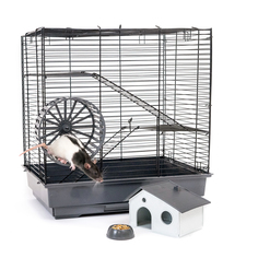 Клетка для грызунов PetTails, 42х30х45см, 2 этажа домик, колесо, миска, серая