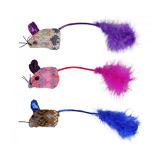 Игрушка для кошек Karlie-Flamingo Мышка с пером текстильная разноцветная 3 шт