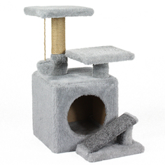 Домик для кошек Меридиан с когтеточкой, серый, искусственный мех, джут, 30х30х65 см Meridian
