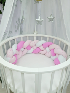 Подушка бортик косичка трикотажная белый, роз, св роз, серд на роз 120х22см No Brand