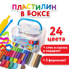 Пластилин в боксе ЮНЛАНДИЯ, 24 цвета, 800 г, скалка, стек, 5 формочек