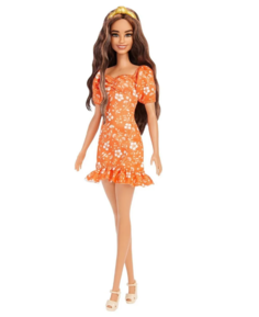 Кукла Барби Игра с модой брюнетка в оранжевом платье с цветочками I Qchina