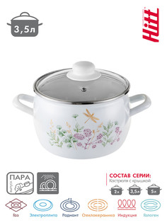 Кастрюля HITT Botanica 3,5 л сфер. со стеклянной крышкой, белая