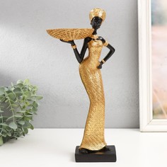 Сувенир полистоун подставка "Африканка с плетёной корзиной" золото 33х16,5х10 см No Brand