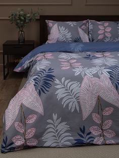 Комплект постельного белья Amore Mio Сатин размер Евро хлопок растения серый и синий