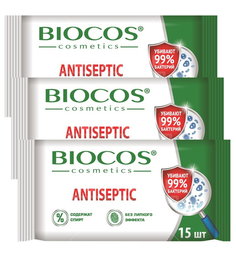Влажные салфетки BioCos Антисептические, 3 упаковки по 15 шт