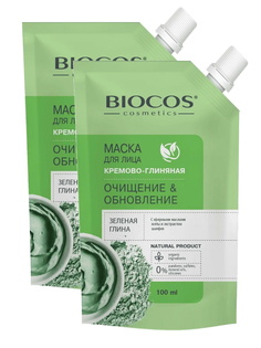 Комплект Маска для лица BioCos на основе зеленой глины Очищение и Обновление 100 млх2 шт