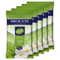 Влажные салфетки BioCos SPA Aroma зеленый чай с жасмином, 5 упаковок по 15 шт
