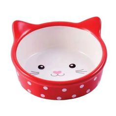 Миска для кошек Mr, Kranch керамическая, мордочка кошки, красная в горошек, 250 мл