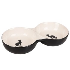 Миска керамическая двойная для кошки Flamingo NALA, черный, белый, 145 мл, 13 x 11 см