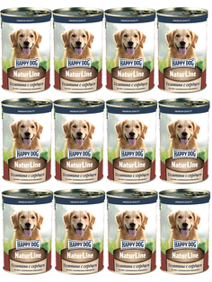 Консервы для собак HappyDog с чувствительным пищеварением, телятина и сердце, 12шт по 410г