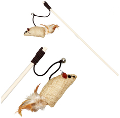 Игрушка для кошек Пижон Эко мышь, из хлопка на деревянной палочке, 40 см, бежевая