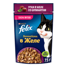 Влажный корм для кошек Felix Sensations с уткой в желе со шпинатом, 75г