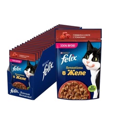 Влажный корм для кошек Felix Sensations,говядина в желе с томатами, 26шт по 75г