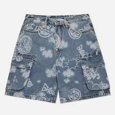 Мужские шорты Evisu Heritage Graffiti Daruma All Over Discharged Denim Cargo, цвет голубой, размер 30