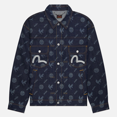 Мужская джинсовая куртка Evisu Seagull Embroidered & Kamon Eagle All Over Print Denim, цвет синий, размер XXL