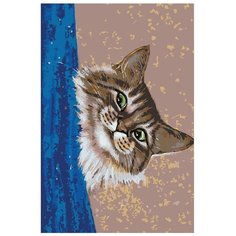 Картина по номерам, "Живопись по номерам", 40 x 60, A115, котёнок, занавеска, утро, любопытный