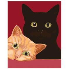 Картина по номерам, "Живопись по номерам", 40 x 50, A451, чёрный кот, Рыжий кот, друзья, семья, красный фон, зелёные глаза