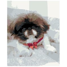 Картина по номерам, "Живопись по номерам", 72 x 90, ARTH-AH2721, животные, пёс, маленький, щенок, бант, пушистый