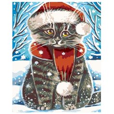 Картина по номерам, "Живопись по номерам", 72 x 90, A173, животное, котёнок, кот, шапка, зима, снег, шарф, Рождество