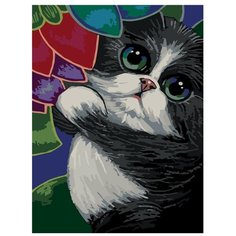 Картина по номерам, "Живопись по номерам", 60 x 80, A375, животное, котёнок, чёрный, пушистый, цветок, большие глаза, рисунок