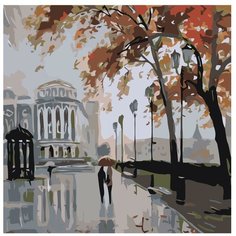 Картина по номерам, "Живопись по номерам", 100 x 100, AB07, городской пейзаж, осень, зонт, влюблённая пара, дождь, туман, здание, галерея