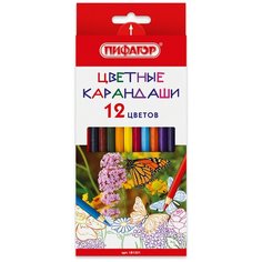 Карандаши цветные пифагор "бабочки", 12 цветов, классические заточенные, 181351