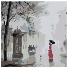 Картина по номерам, "Живопись по номерам", 40 x 40, AB06, туман, здание, дождь, женщина, собака, зонт, пейзаж, город, Дама с собачкой
