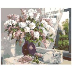 Картина по номерам, "Живопись по номерам", 40 x 50, AYAY-0908, цветы, натюрморт, сирень, ваза, котёнок, окно, ветер