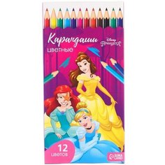 Карандаши 12 цветов "Принцессы", заточенные, шестигранные, картонная упаковка, европодвес, Принцессы Disney
