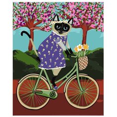 Картина по номерам, "Живопись по номерам", 40 x 50, A447, кошка на велосипеде, цветы, весна, деревья, венок на голове, платье