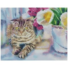 Алмазная мозаика "Кот и тюльпаны", 40x50 см, Арт Фея
