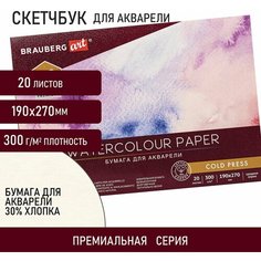 Альбом для акварели хлопок 30%, 300 г/м2, 190х270 мм, среднее зерно, 20 листов, склейка, BRAUBERG ART, 113219 (арт. 113219)