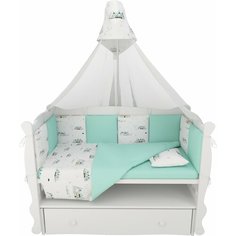 Комплект в кроватку 15 предметов (3+12 подушек-бортиков) AmaroBaby Горы, белый/мята (перкаль)