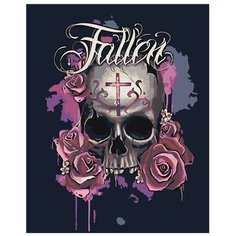 Картина по номерам, "Живопись по номерам", 72 x 90, CP11, цветы, череп, Готика, иллюстрация, татуировка, зубы, крест