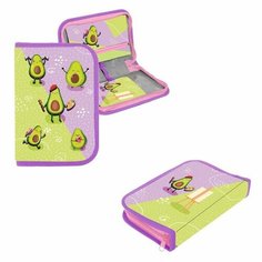 Calligrata Пенал 1 секция 140 х 210 х 40 мм, откидной карман и косметичка, тканевый, Calligrata Content "Авокадо стайл"