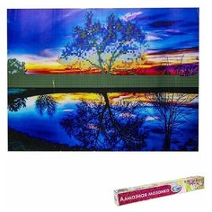 Алмазная мозаика без подрамника, частичное заполнение «Закат над озером» 40×50 см и наклейки Centrum