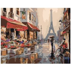 Картина по номерам, "Живопись по номерам", 60 x 75, BH18, Эйфелева башня, Париж, рынок, продажи, цветы, здания, дождь, зонт