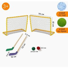 Набор хоккейный 6 в 1: 2 клюшки, 2 ворот с сеткой, шайба, мячик, в коробке NO Name
