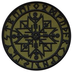 Нашивка (шеврон, патч) на липучке, Стежкофф, "Оберег викинга", оливковый с черным, 8,5 см, 1 штука