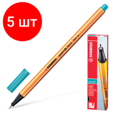 Комплект 5 шт, Ручка капиллярная (линер) STABILO "Point 88", голубовато-бирюзовая, корпус оранжевый, линия письма 0.4 мм, 88/51