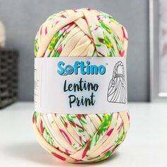 Пряжа трикотажная 95% хлопок, 5% эластан "Lentino Print" 100 гр 30 м розовый на бежевом Softino
