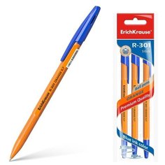 Набор ручек шариковых 3 штуки R-301 Orange Stick, узел 0.7 мм, чернила синие, длина линии письма 2000 метров, европодвес Erich Krause