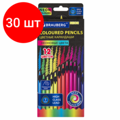 Комплект 30 шт, Карандаши цветные BRAUBERG NEON, 12 неоновых цветов, черное дерево, трёхгранные, 181852