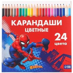 Карандаши 24 цвета "Супергерой", заточенные, шестигранные, картонная упаковка, европодвес, Человек-паук Marvel